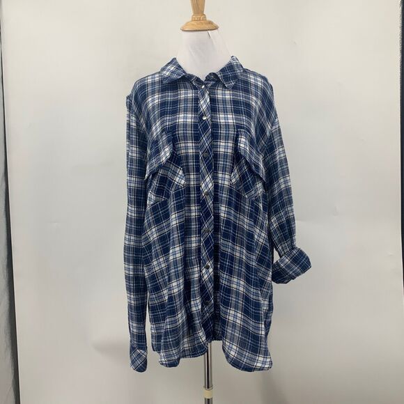 Kut From The Kloth Shirt Womens XXL Blue Plaid Flannel Snap Button Tap Sleeve - Picture 2 of 11